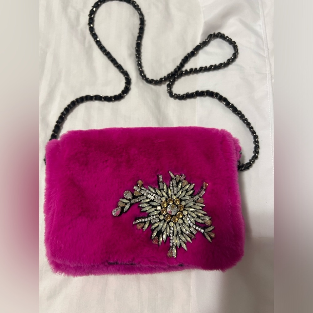 Pink Fur Crossbody Bag with Rhinestone Detail
